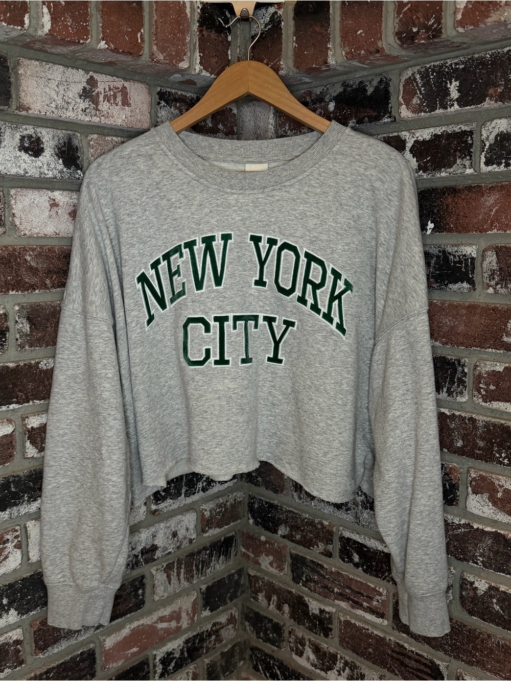 H&M NEW YORK CITY Chenille Embroidery Forest Green Custom Crop Top Crewneck